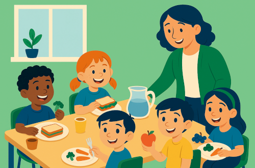 KI generierte Grafik einer betreuten Kindergruppe beim Essen